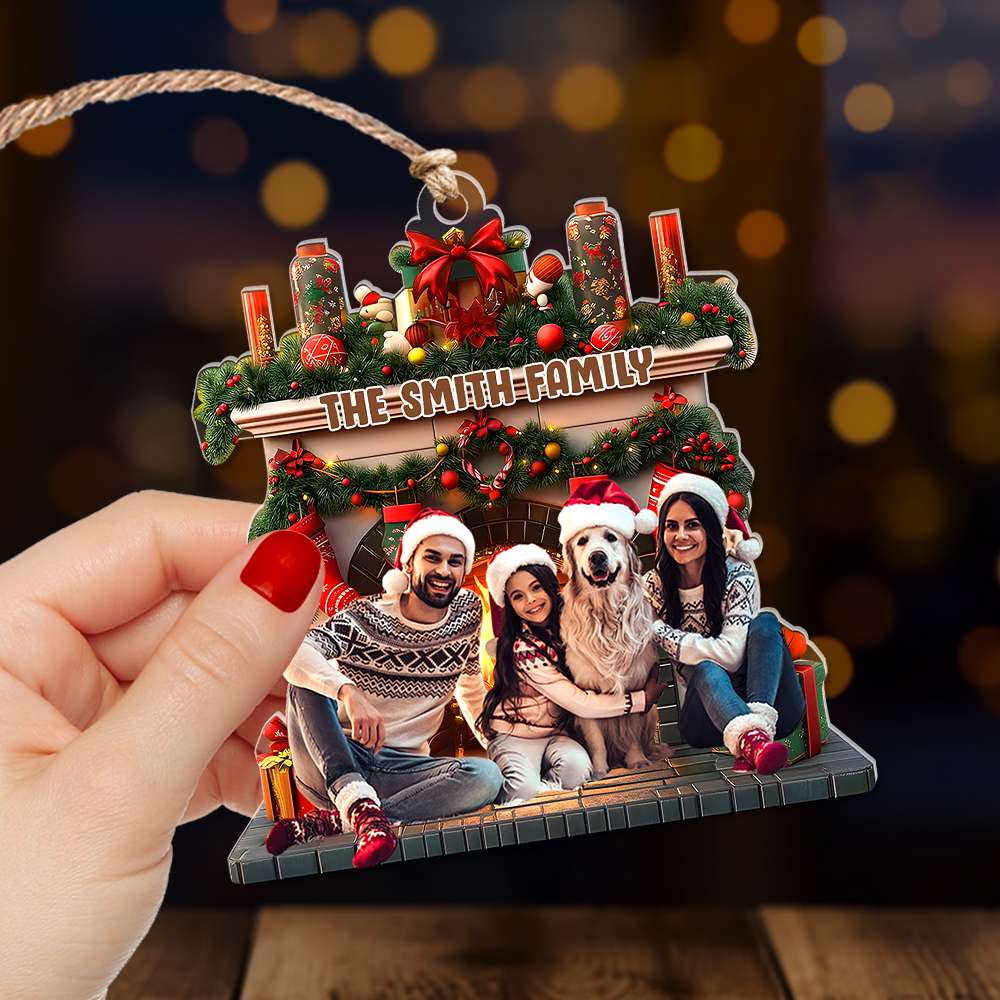 Personalized Family Christmas Ornament - Cozy Fireplace Design Ornament PopCulturePrints
