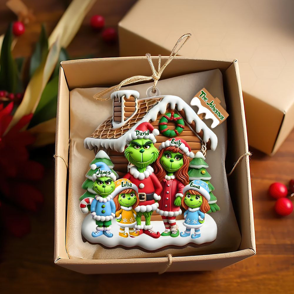 Personalized Family Christmas Ornament - Green Cartoon Character Design