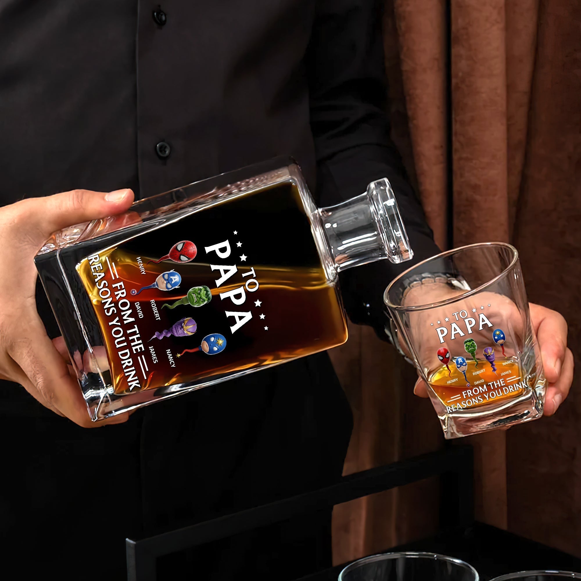 Gift for Dad: 'To Papa - From the Reasons You Drink' Personalized Whiskey Decanter Set Whiskey Bottle PopCulturePrints