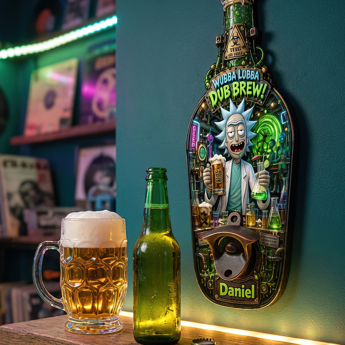 Wubba Lubba Dub Brew! - Personalized Crazy Scientist Wooden Wall Hanging Bottle Opener