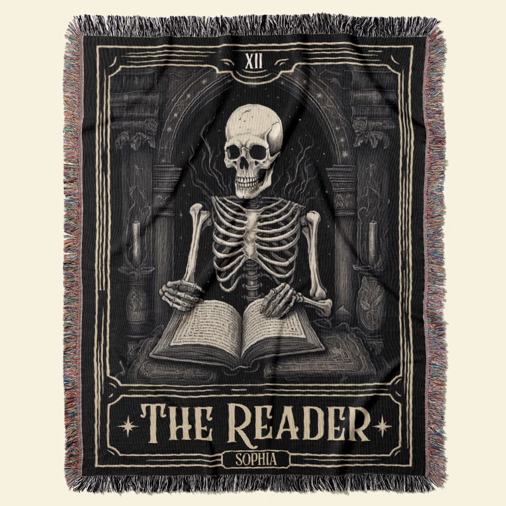 Personalized Reader's Skeleton Woven Blanket - Halloween Gift for Book Lovers