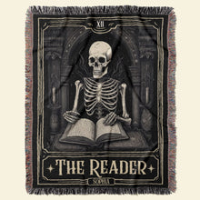 Load image into Gallery viewer, Personalized Reader&#39;s Skeleton Woven Blanket - Halloween Gift for Book Lovers
