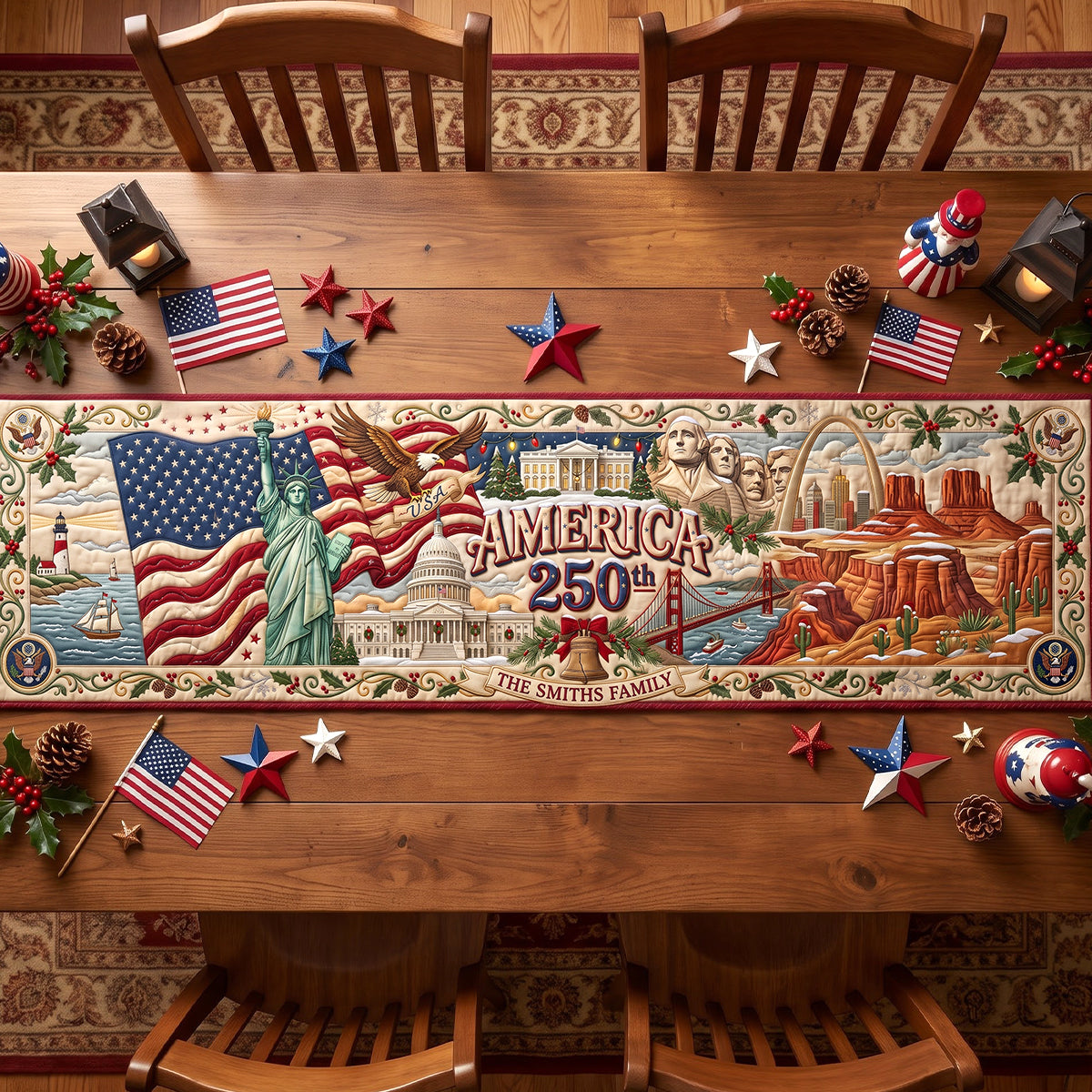 Celebrate Freedom: USA 250th Christmas Quilted Table Runner - Personalize Your Family Gift