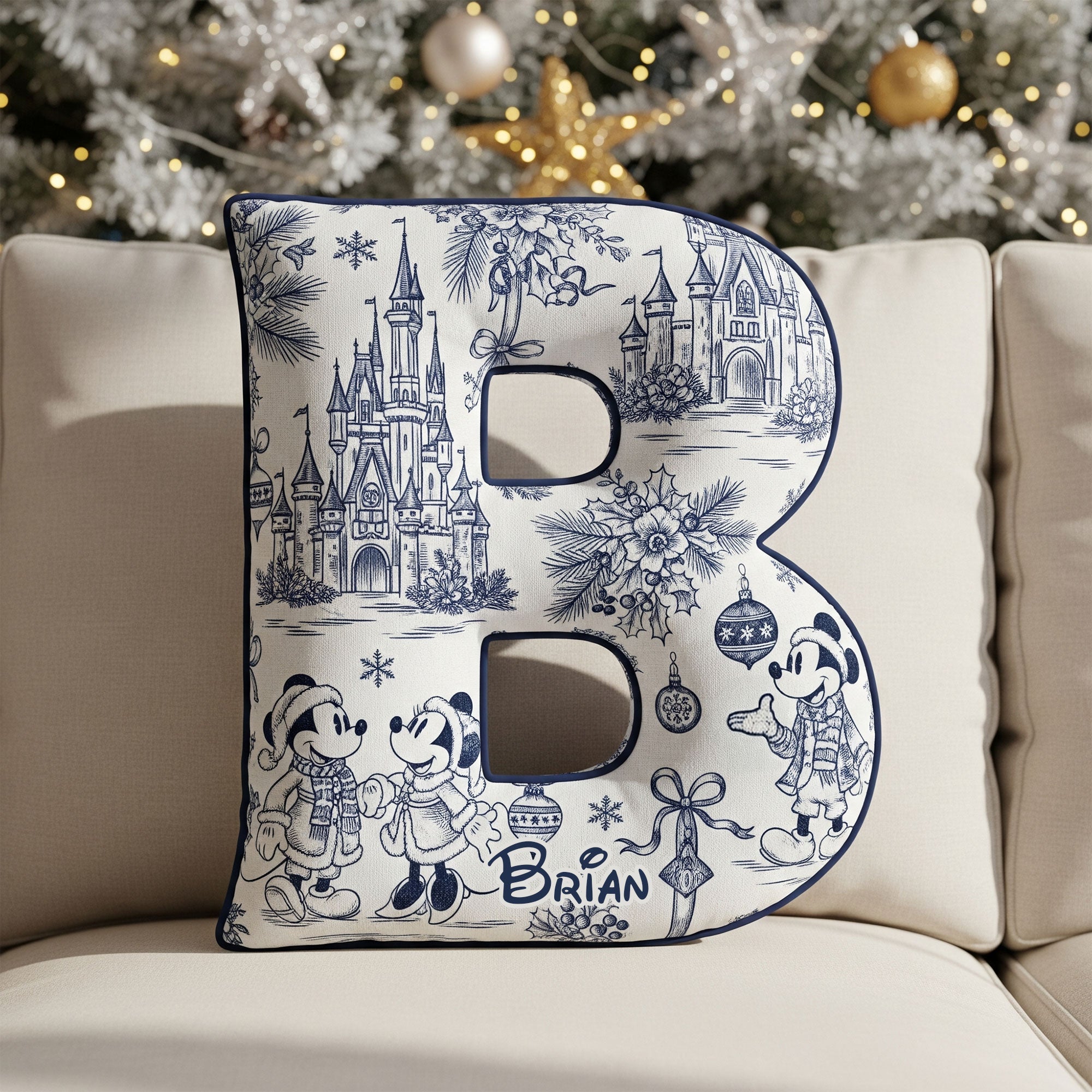 Personalized Toile de Jouy Alphabet Christmas Shaped Pillow – A Unique Gift for Disney Lovers Pillow PopCulturePrints