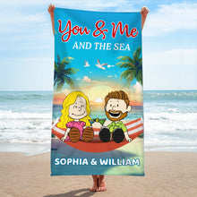 Load image into Gallery viewer, Personalized Beach Towel for Couples - You &amp; Me and The Sea Beach Towel PopCulturePrints
