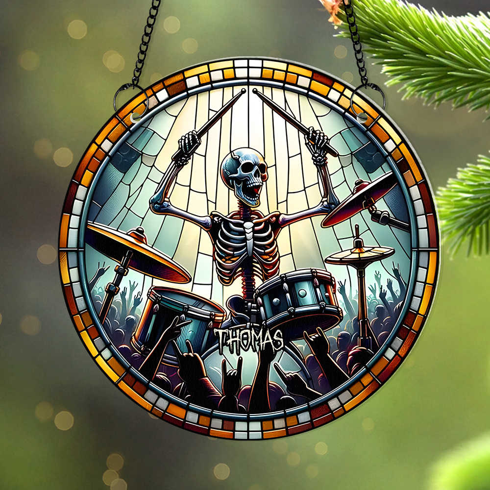 Personalized Suncatcher Ornament for Drum Lovers - Skeleton Drummer Design