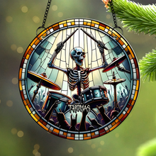 Load image into Gallery viewer, Personalized Suncatcher Ornament for Drum Lovers - Skeleton Drummer Design
