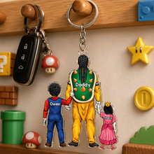 Load image into Gallery viewer, “Celebrate Your Super Dad!” - Retro Game Dad Keychain - Personalized Gift for Father, Grandpa, and More Keychains PopCulturePrints
