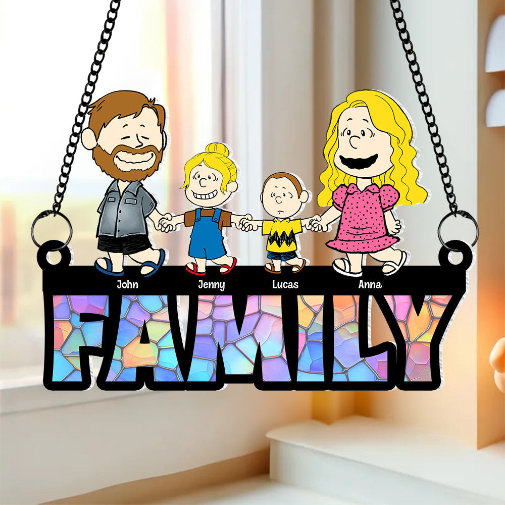 Personalized Family Cartoon Suncatcher Ornament - Custom Name Gift