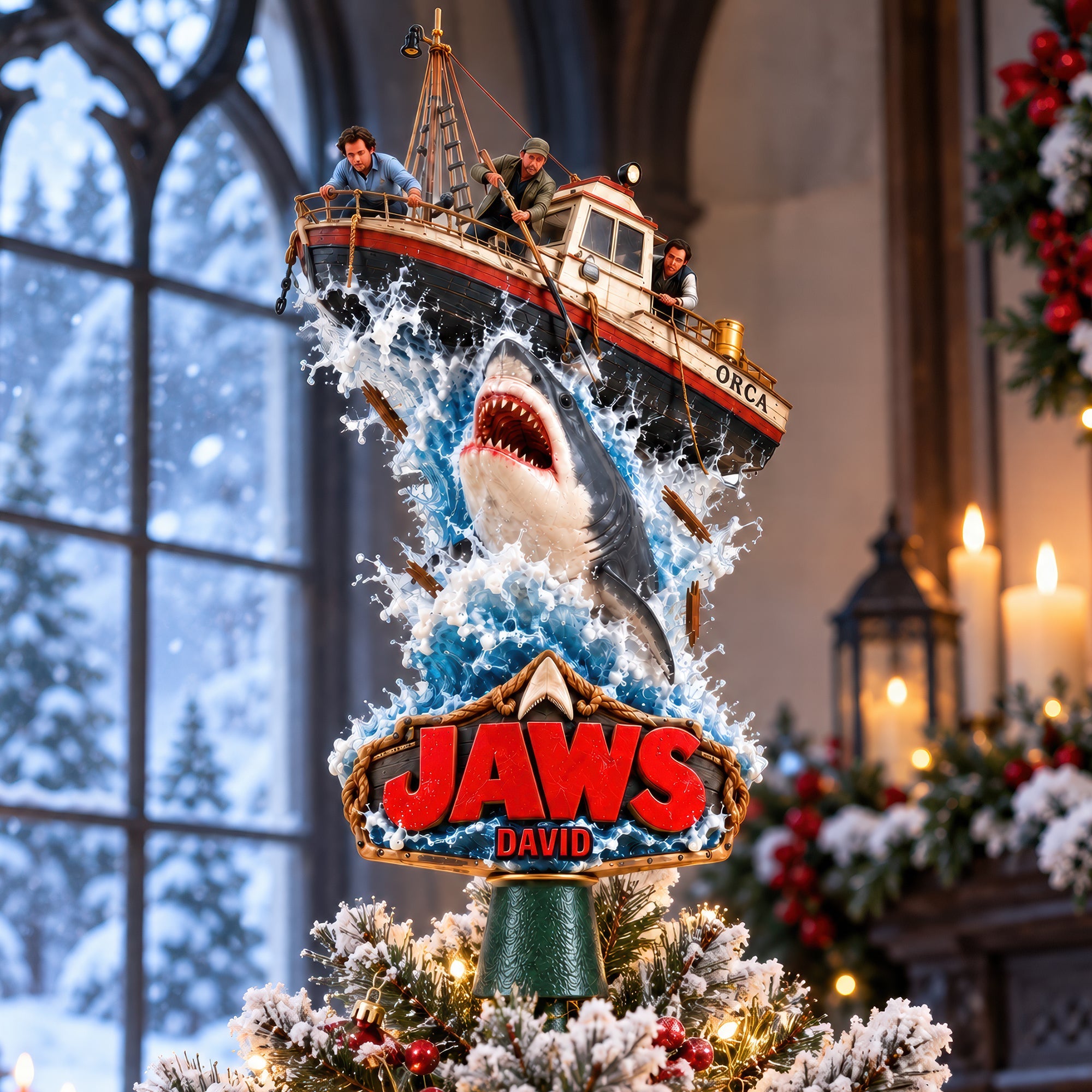 Bring the Thrill of Jaws to Your Holidays - Shark Attack Christmas Tree Topper - Personalized Gift for Movie Lovers