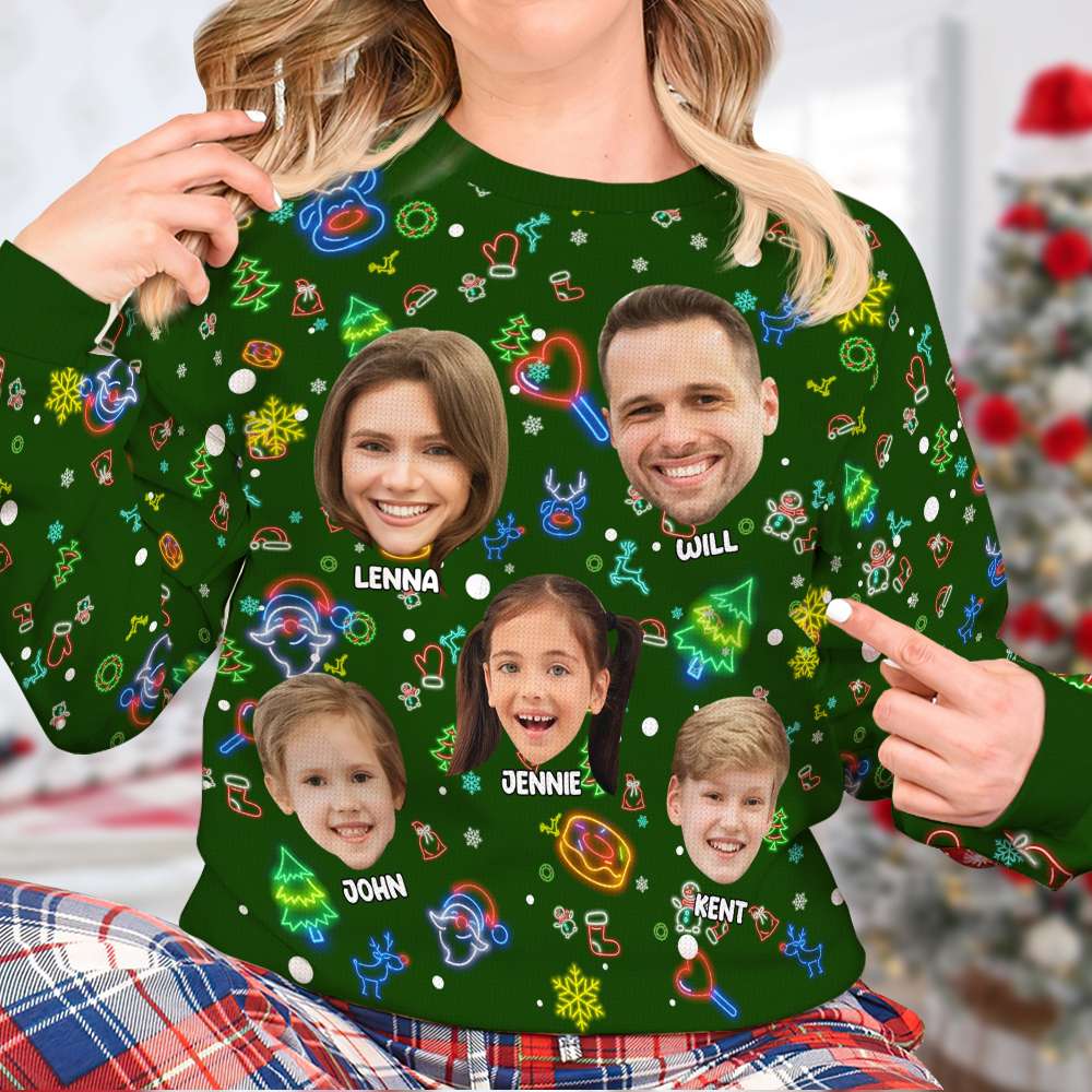 Personalized Neon Christmas Photo Sweater - Custom Family Gift