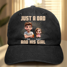 Load image into Gallery viewer, Just A Dad And His Girl - Personalized Vintage Washed Denim Cap Vintage Washed Denim Cap PopCulturePrints
