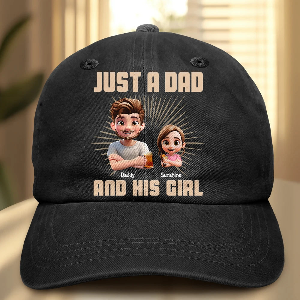 Just A Dad And His Girl - Personalized Vintage Washed Denim Cap Vintage Washed Denim Cap PopCulturePrints