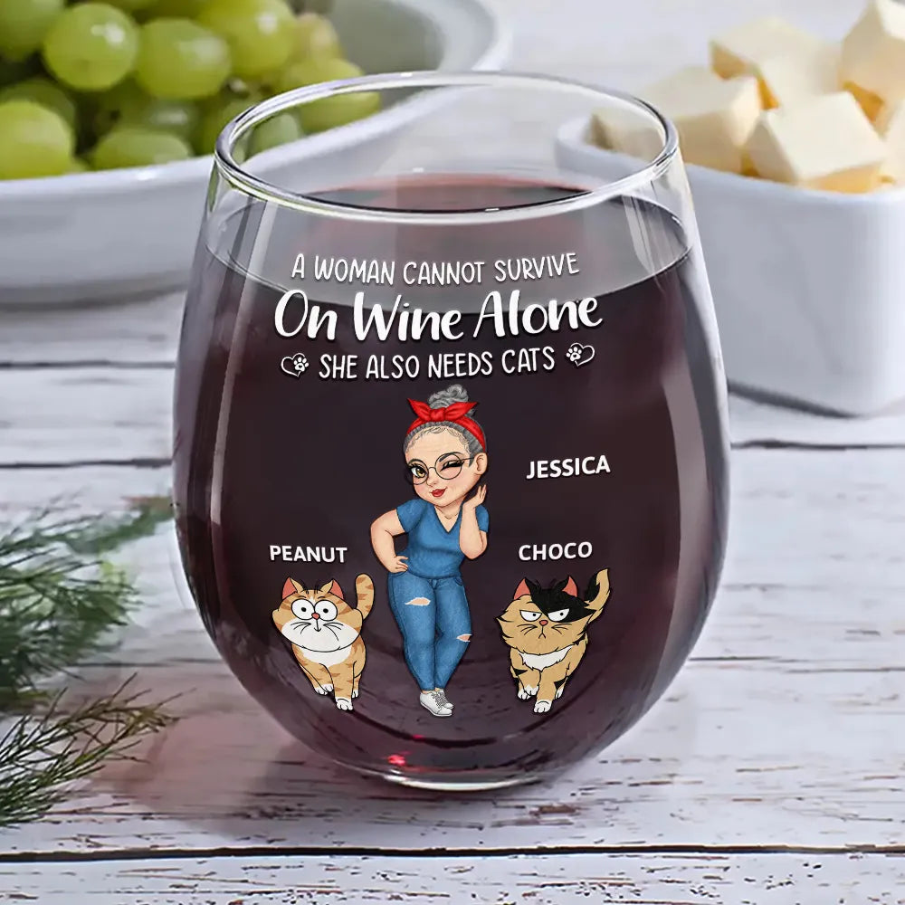 A Woman Cannot Survive On Wine Alone, She Also Needs Cats - Personalized Stemless Wine Glass | Perfect Gift for Cat Moms Wine Glass PopCulturePrints