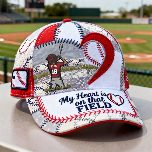 My Heart is on that FIELD - Personalized Enthusiastic Baseball Classic Cap - Custom Gift for Mom, Grandma, and Loved Ones Caps PopCulturePrints