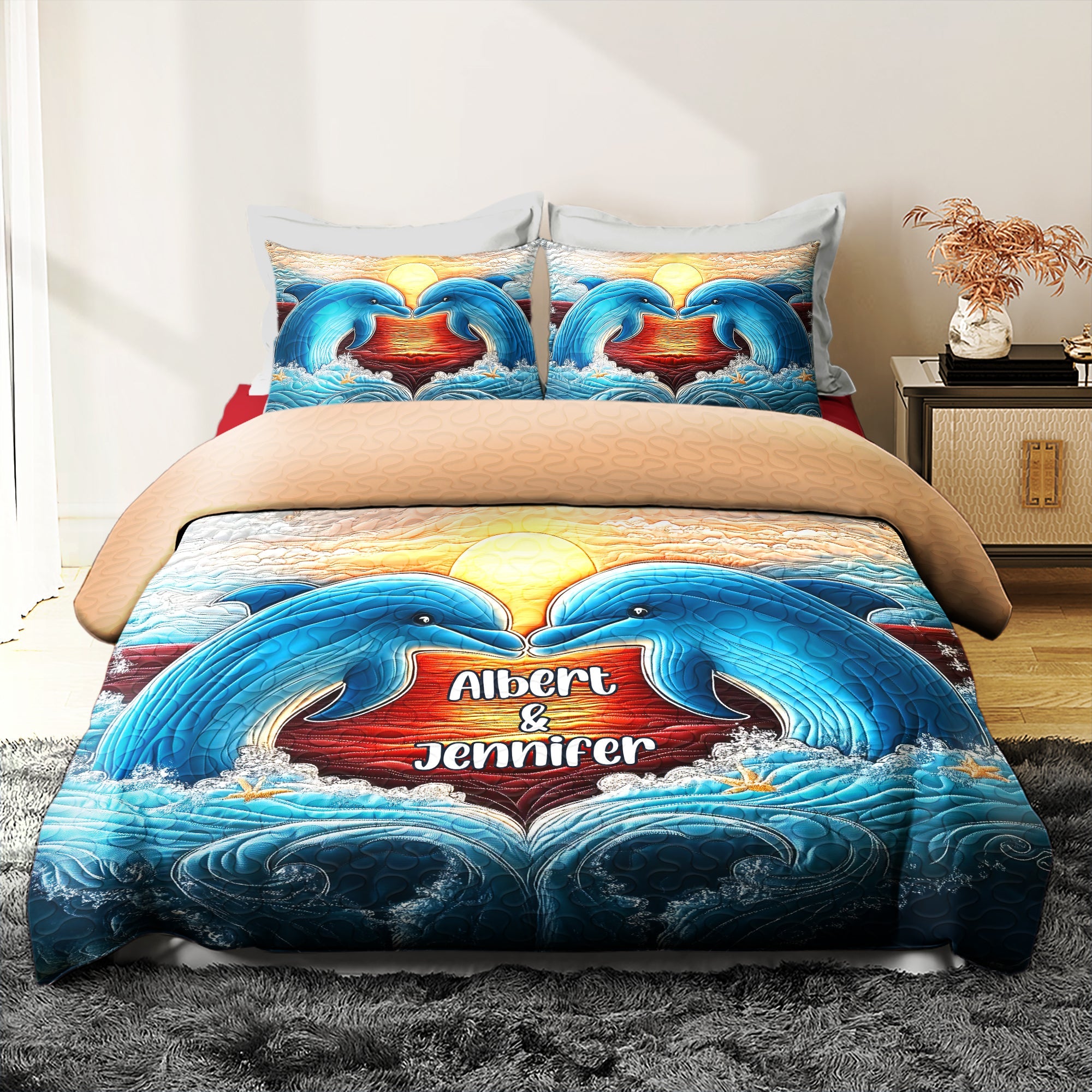 Personalized Dolphin Couple Quilt Bedding Set - A Touch of Ocean Magic Blanket PopCulturePrints