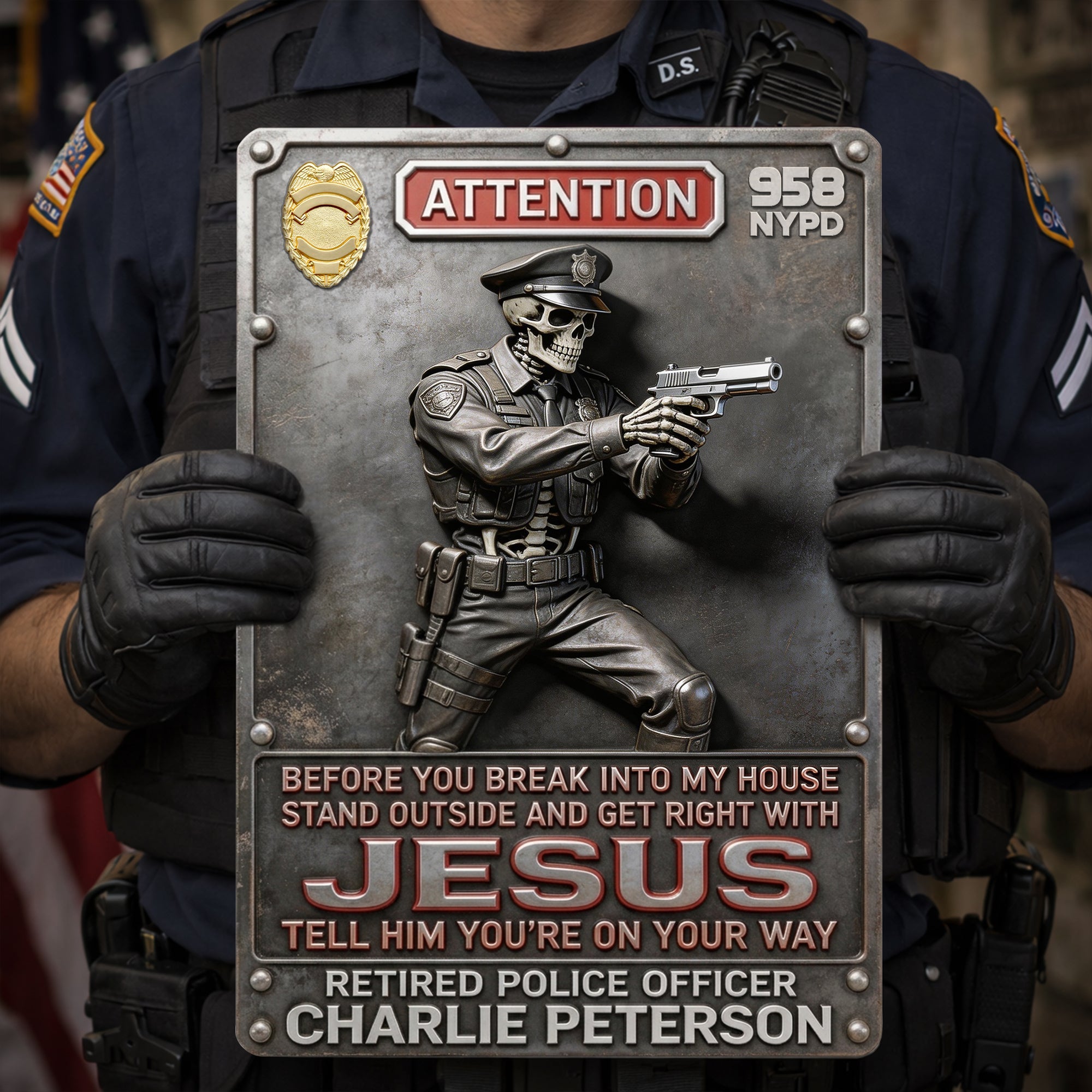 "Before You Break Into My House, Stand Outside and Get Right with Jesus" - Personalized Police Warning Metal Sign - Custom Gift for Police Officers Metal Signs PopCulturePrints