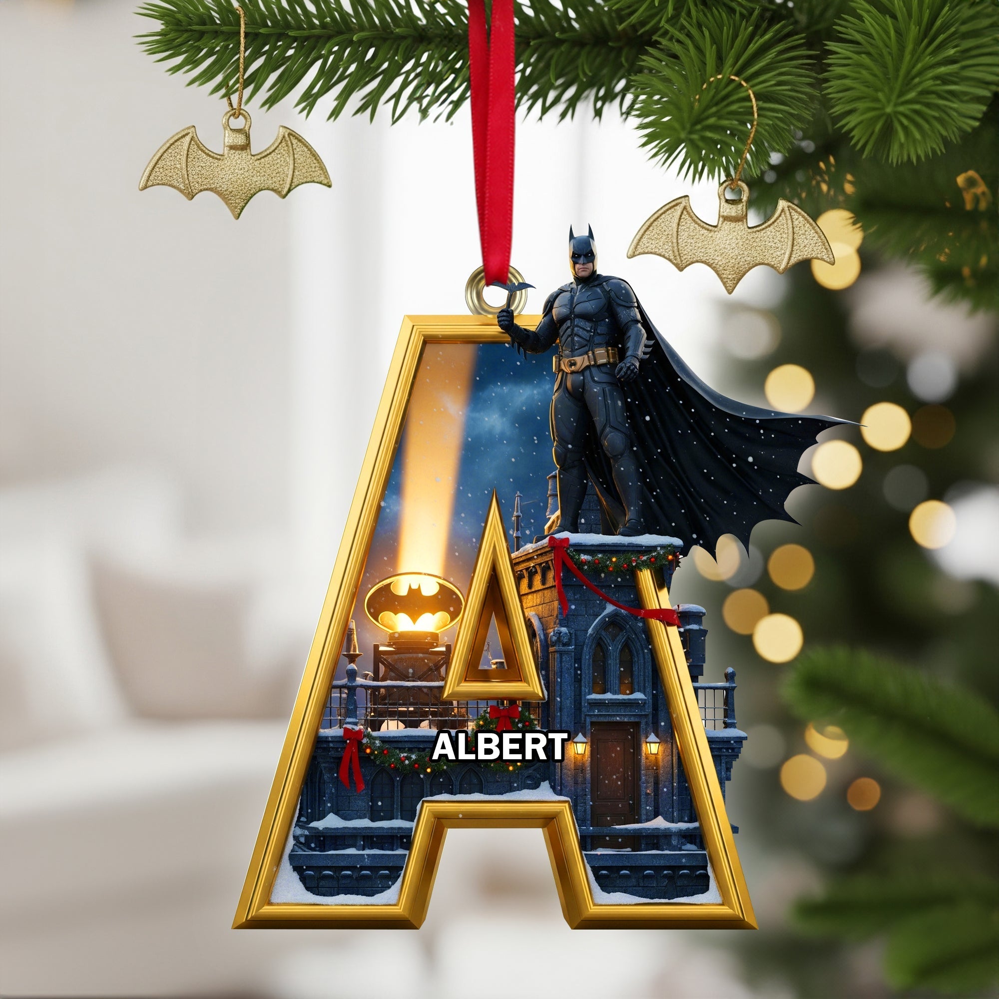 “Embrace the Night: Personalize Your Shadow Wing Initials Christmas Ornament - A Unique Gift for Fans” Ornament PopCulturePrints