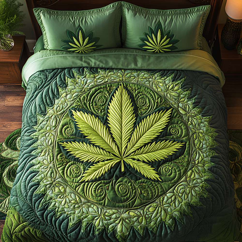 "Embrace the Green Vibes, Perfect for Any Space" - Tropical Leaf Harmony Quilt Bedding Set - Custom Gift for Weed Lovers Blanket PopCulturePrints