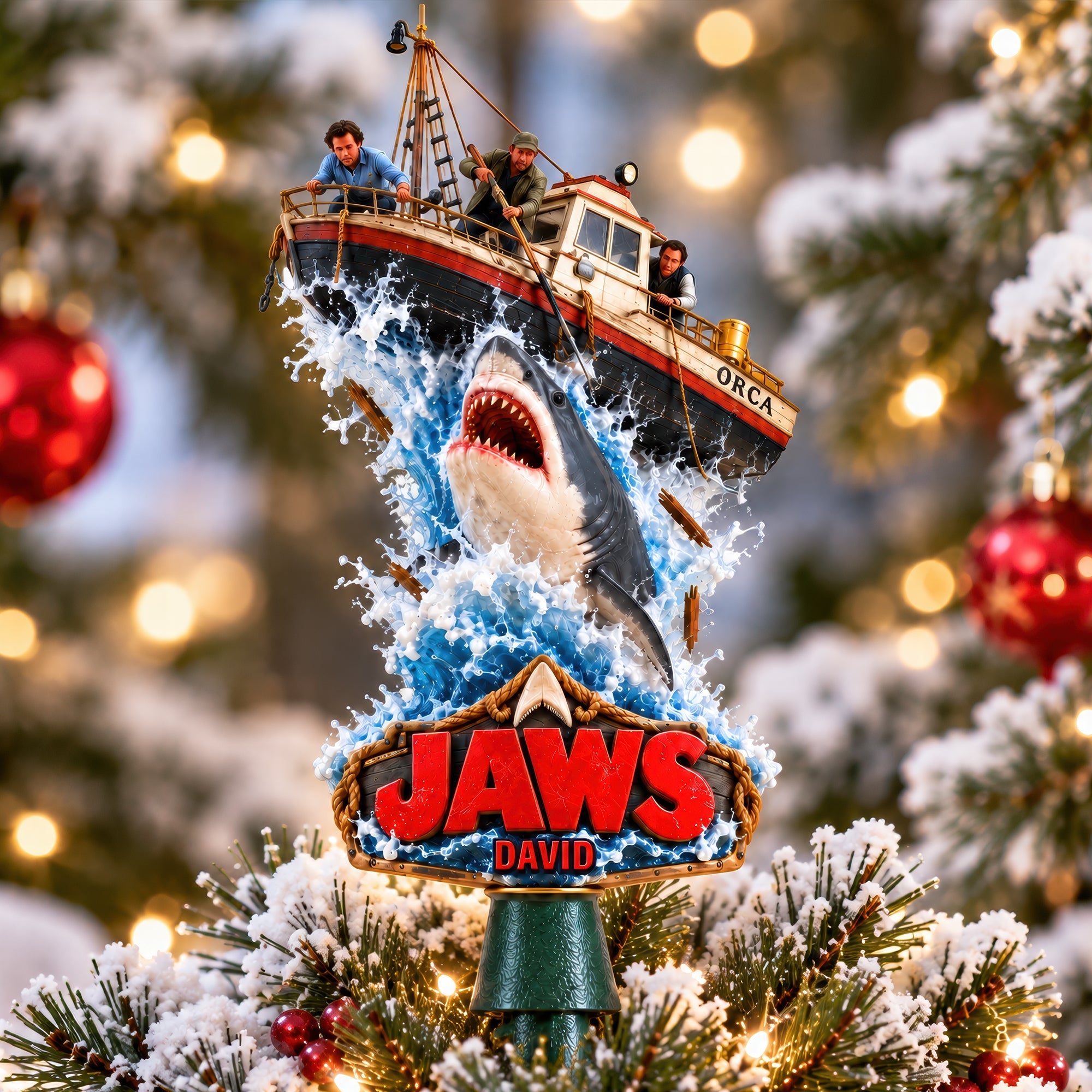 Bring the Thrill of Jaws to Your Holidays - Shark Attack Christmas Tree Topper - Personalized Gift for Movie Lovers