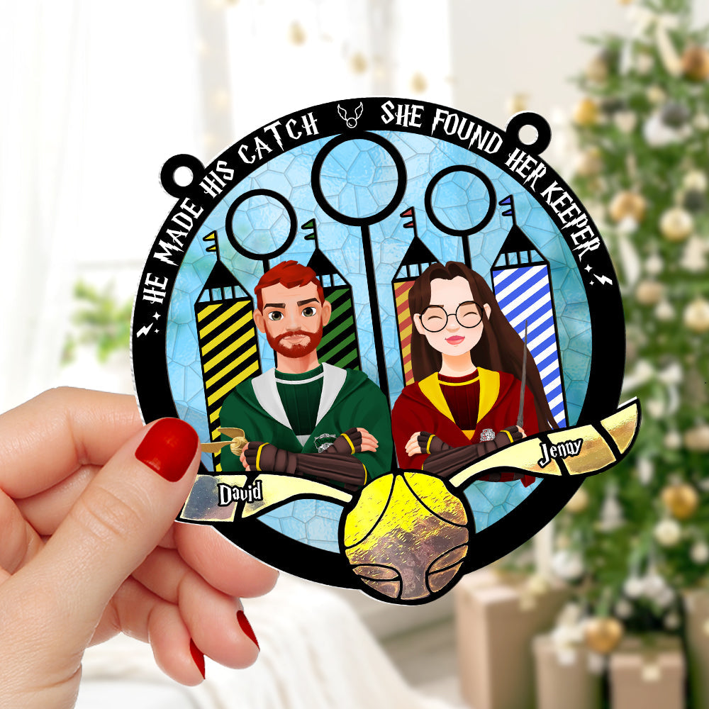 Personalized Quidditch Themed Ornament - 'He Made His Catch, She Found Her Keeper'