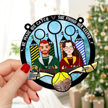 Load image into Gallery viewer, Personalized Quidditch Themed Ornament - &#39;He Made His Catch, She Found Her Keeper&#39;
