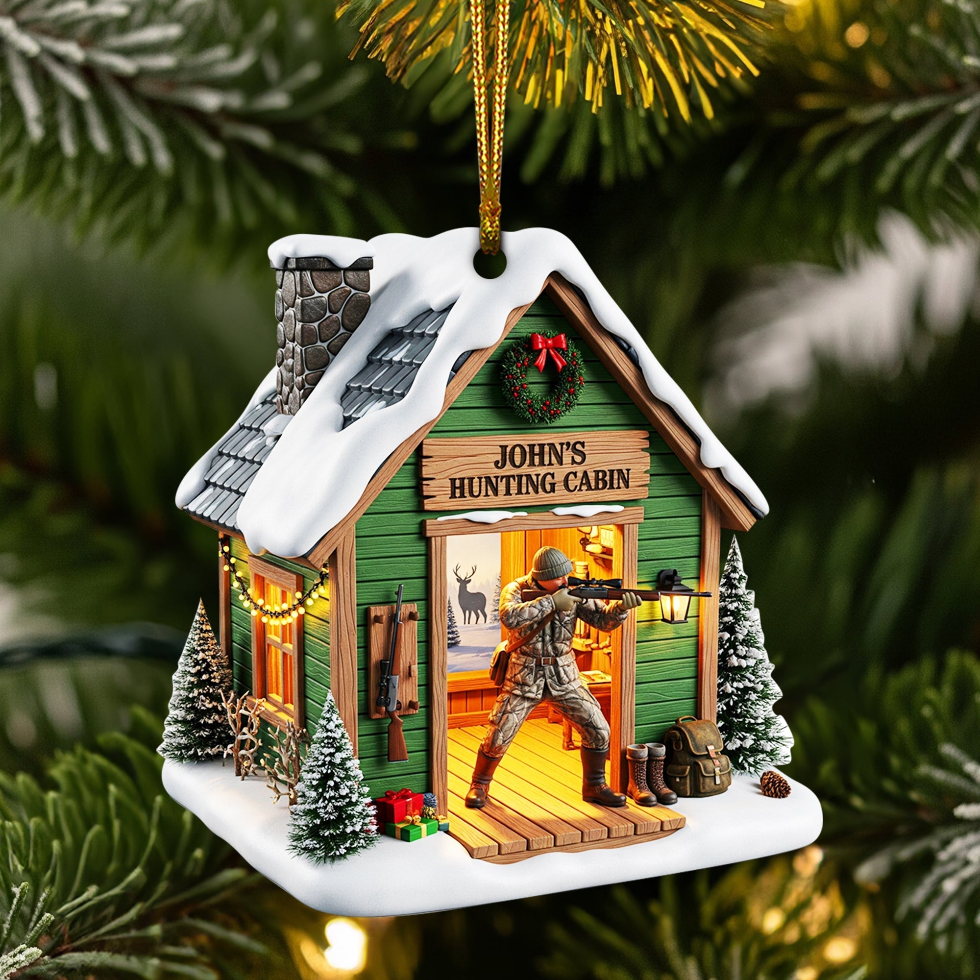Hunting Cabin Christmas Ornament - Personalized Gift for Hunters Ornament PopCulturePrints