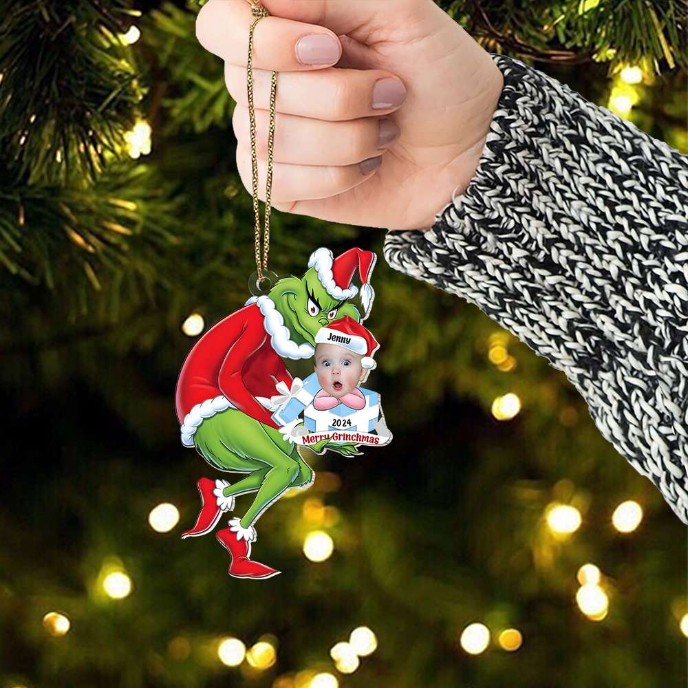 Personalized Baby Face Christmas Ornament with Grinch Design - Custom Photo Gift, 2024