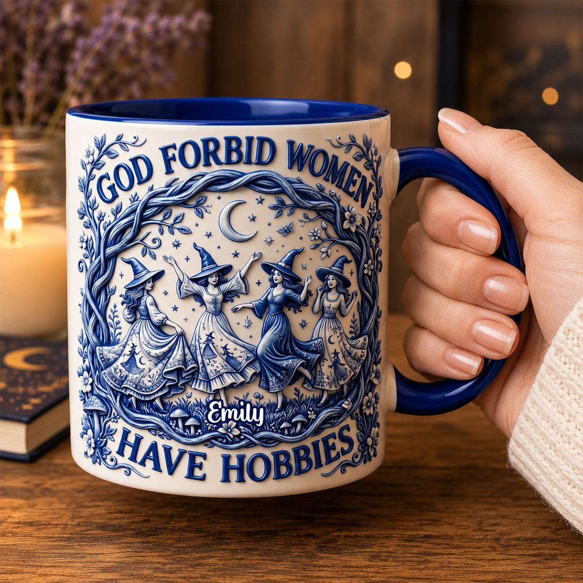 "God Forbid Women Have Hobbies" - Witch Toile De Jouy Accent Mug - Personalized Gift for Witches