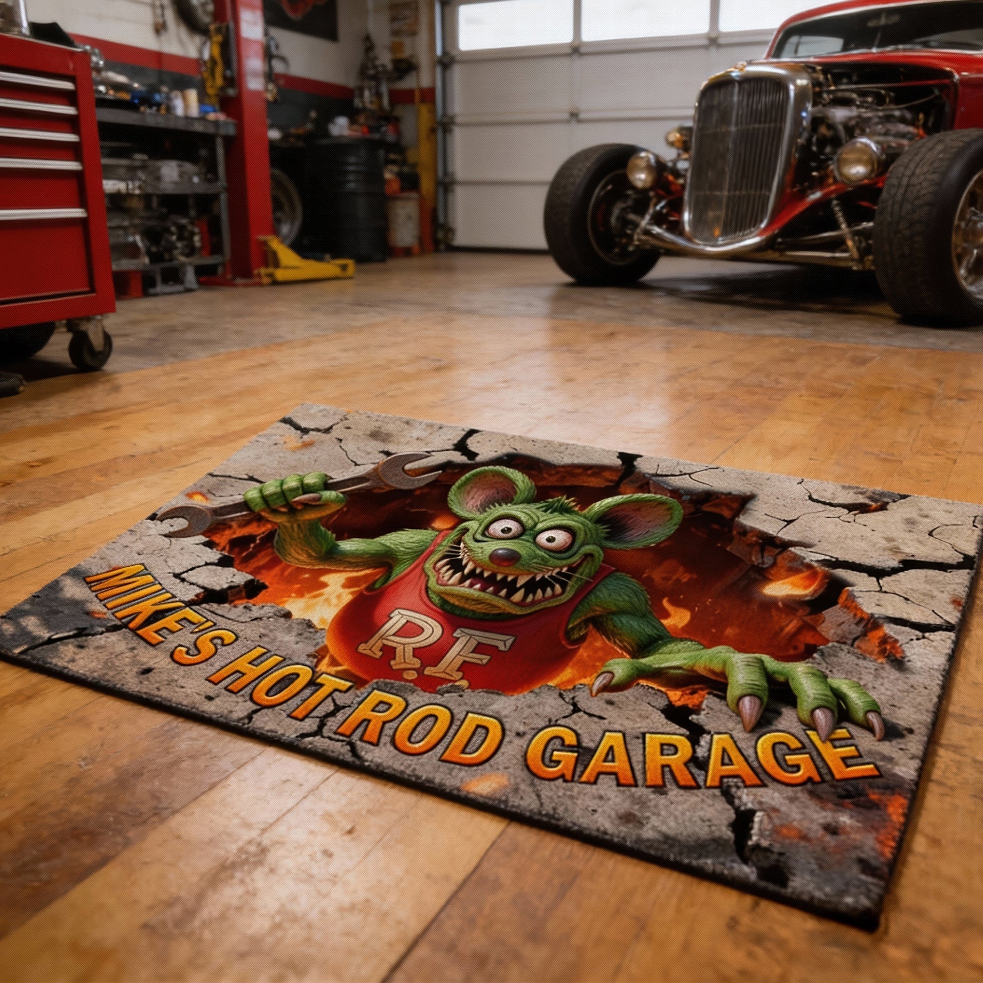 Rev up Your Entrance: Playful Hot Rod Garage Doormat - Personalized Gifts for Hot Rod Lovers