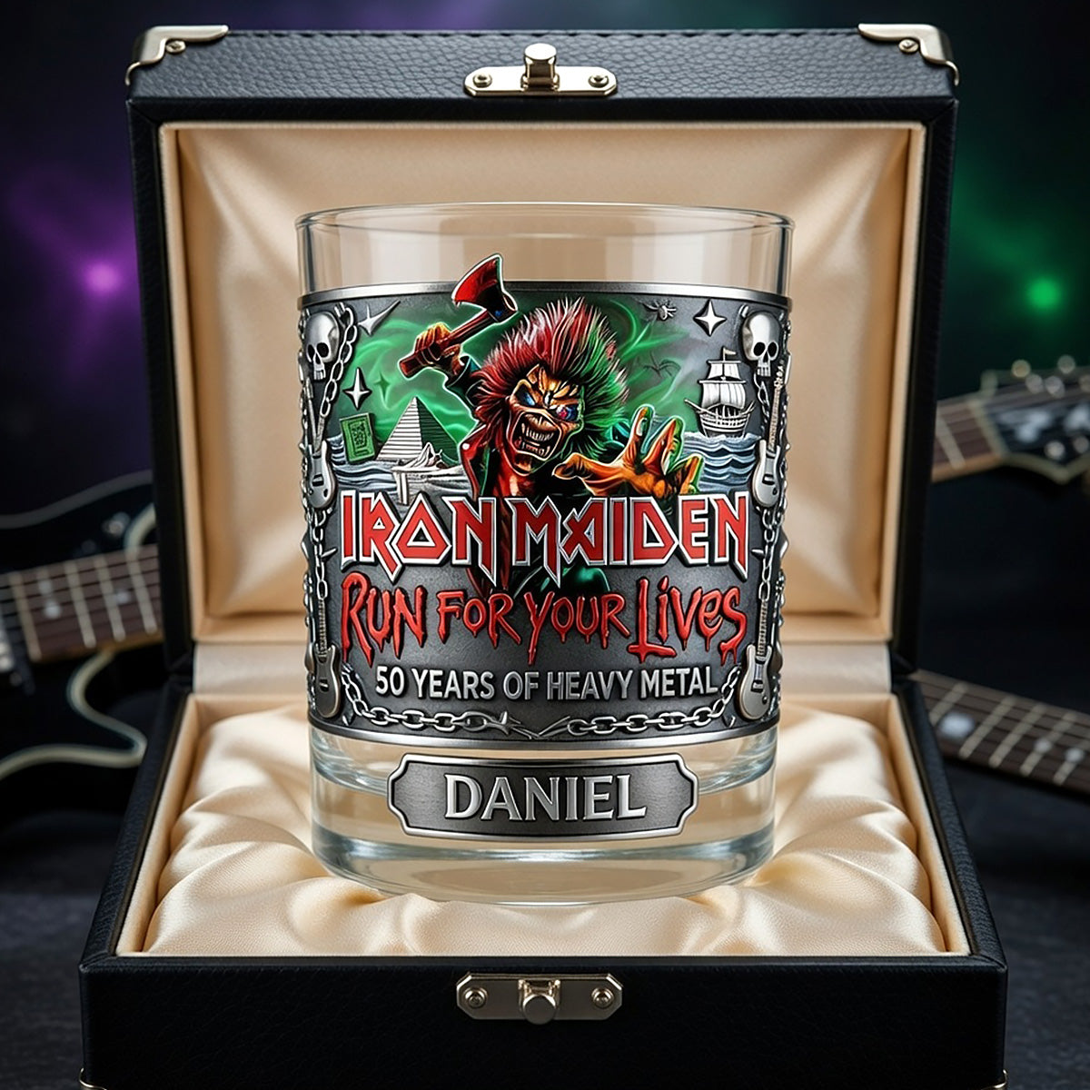 "Run for Your Lives" - Heavy Metal 50th Anniversary Whiskey Glass - Personalized Gift for Rock Lovers Glass PopCulturePrints