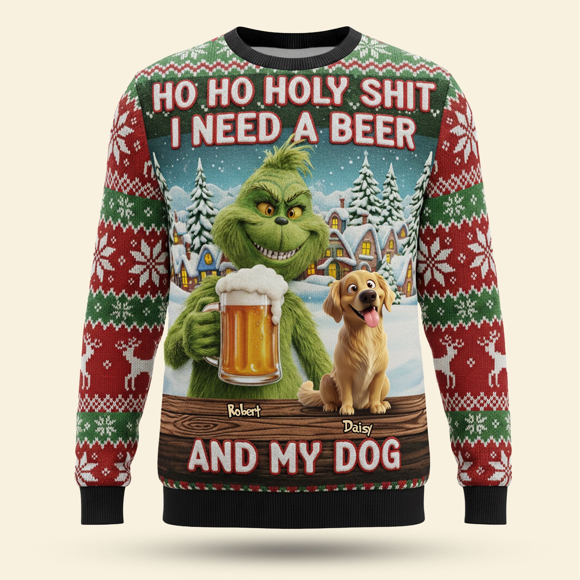 Ho Ho Holy Shit, I Need A Beer – Personalized Dog Lover Ugly Sweater for Christmas AOP Products PopCulturePrints
