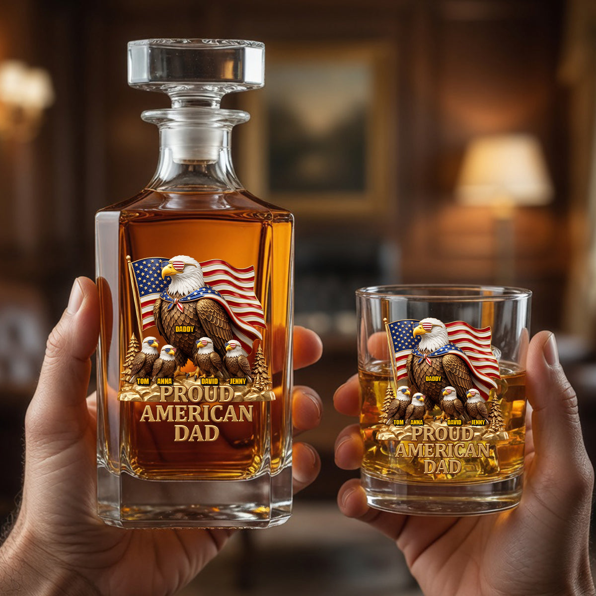 “Honor Your Legacy” - Proud American Eagle Dad Decanter Set - Personalized Gift for Dad and Grandpa Bottle PopCulturePrints