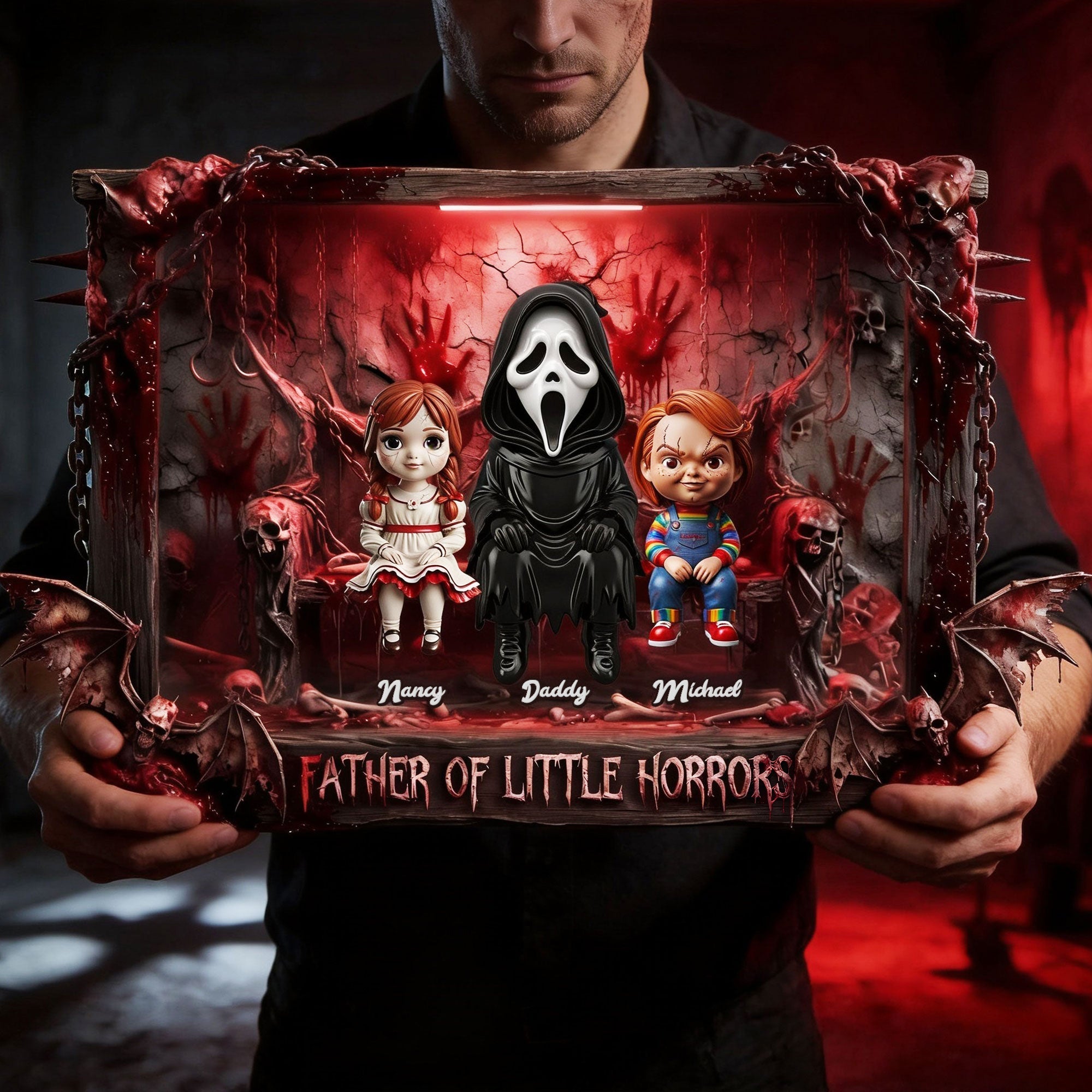 "For the Dad Who Loves a Touch of Spookiness" - Father Of Little Horrors Acrylic Plaque - Personalized Gift for Dads, Grandpas, and Horror Fans Shaped Plaques PopCulturePrints