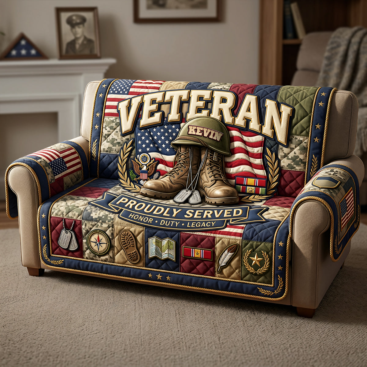 Proudly Served: Personalized Veteran Quilted Sofa Cover - A Meaningful Gift for Heroes
