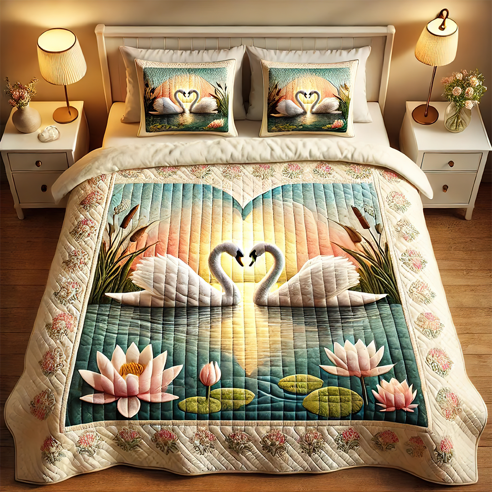 Swan Couple Quilt Bedding Set - Romantic Gift for Couples Blanket PopCulturePrints