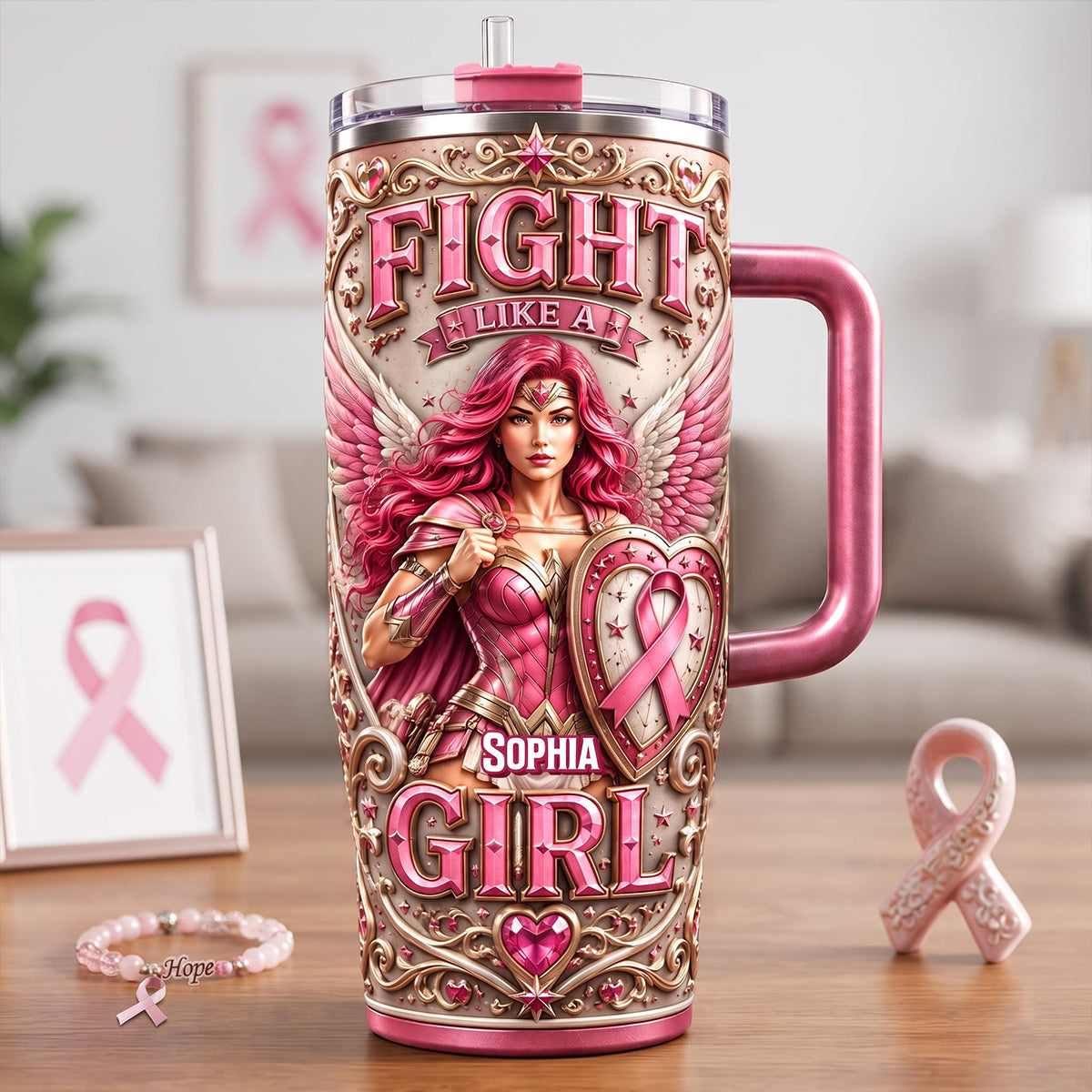 Fight Like a Girl - Strong Pink Woman 40oz Tumbler, Personalized Gifts for Cancer Awareness
