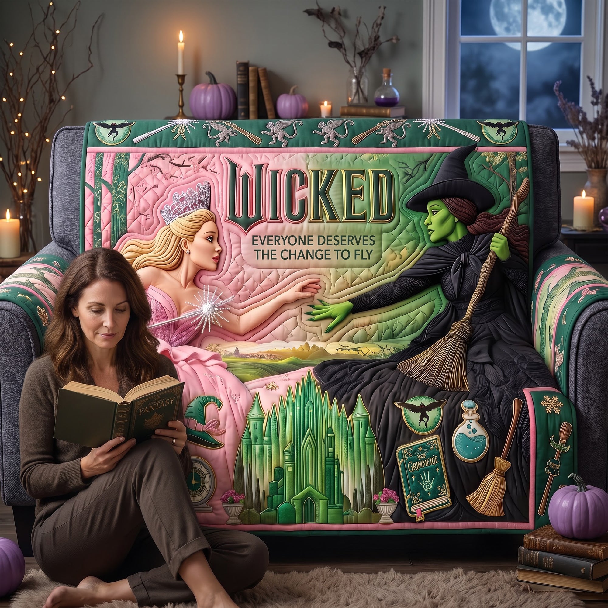Wicked Quote: 'Everyone Deserves The Change To Fly' - Pink & Green Quilted Sofa Cover - Personalized Gift for Witch Lovers