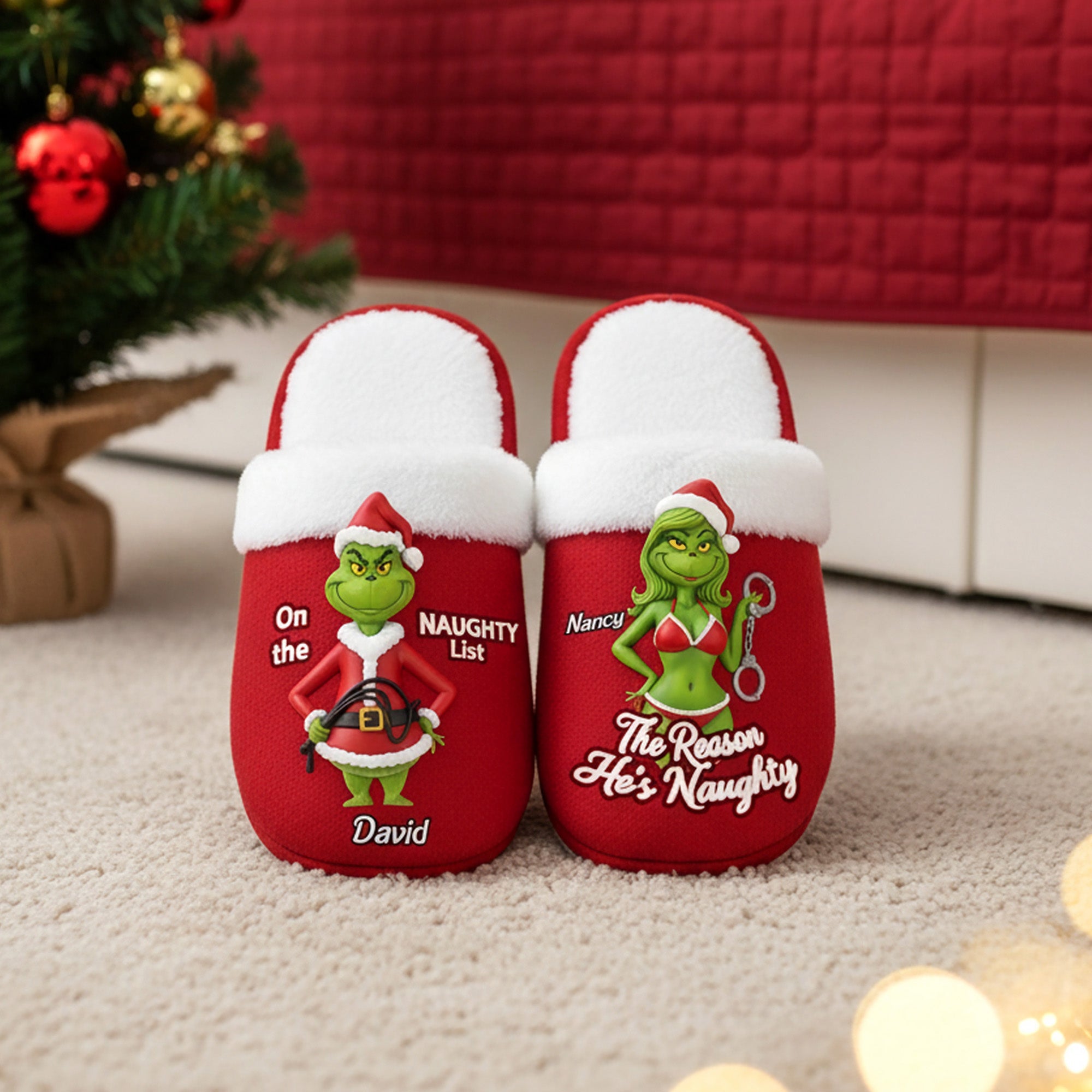“On the Naughty List” - Personalized Christmas Gifts for Couples Home Slippers - Unique Custom Gift for Him and Her Shoes PopCulturePrints