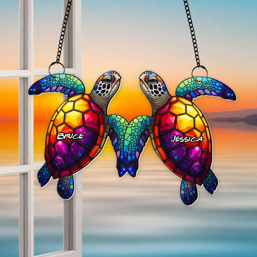 “Together in Harmony” - Ocean Soulmates Turtle Suncatcher Ornament - Personalized Custom Gift for Couples, Friends, and Loved Ones Ornament PopCulturePrints