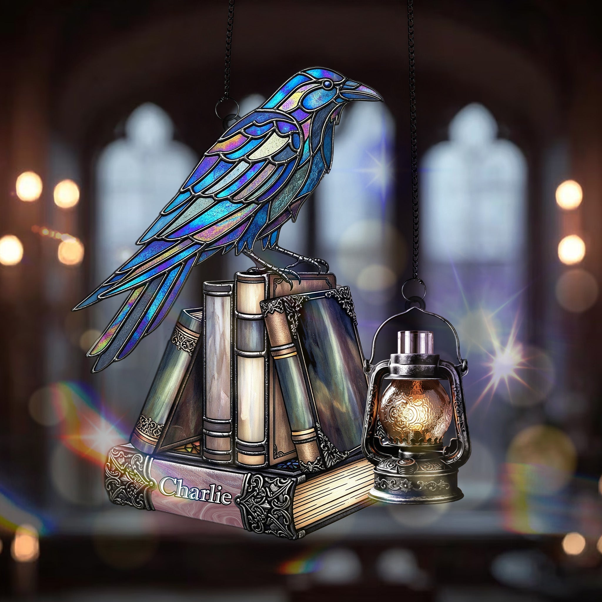 “Illuminate Your Passion for Reading” - Raven on Books Gothic Suncatcher Ornament, Personalized Gifts for Book Lovers Ornament PopCulturePrints