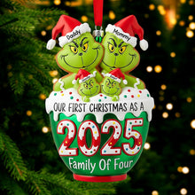 Load image into Gallery viewer, Our First Christmas as a Family of Four - Playful Grinch Ornament Ornament PopCulturePrints
