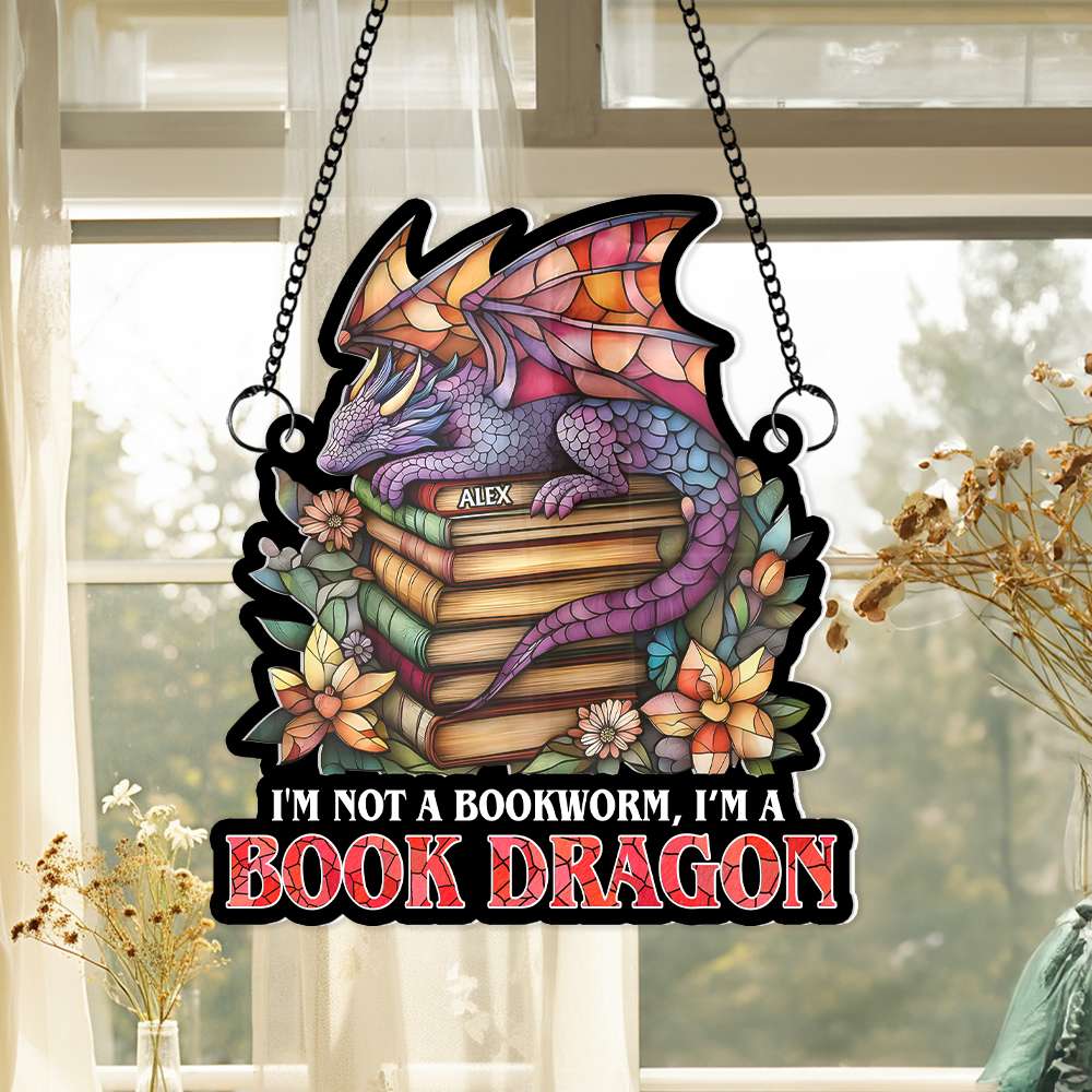 Personalized Book Lover Suncatcher Ornament - Book Dragon Design Ornament PopCulturePrints