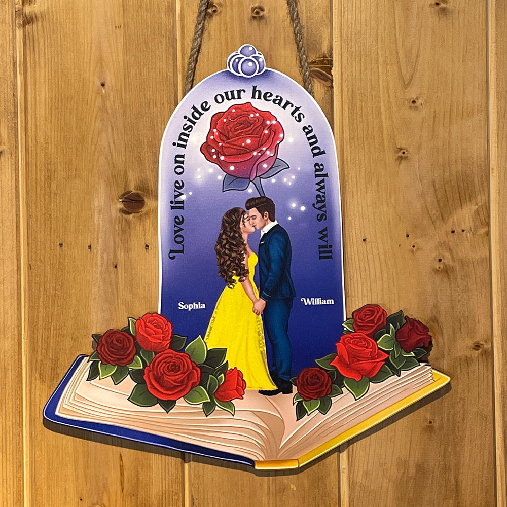 Personalized Romantic Wooden Sign for Couples - Love Lives On in Our Hearts Wood Sign PopCulturePrints