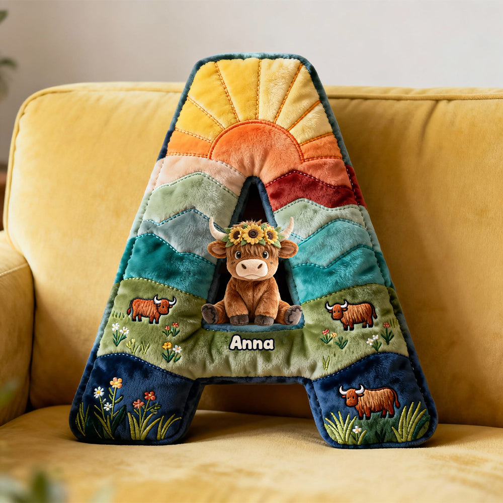 Bring a Smile with Our Cute Highland Cow Alphabet Initial Letter Shaped Pillow - Perfect Personalized Gift for Highland Cow Lovers! Pillow PopCulturePrints