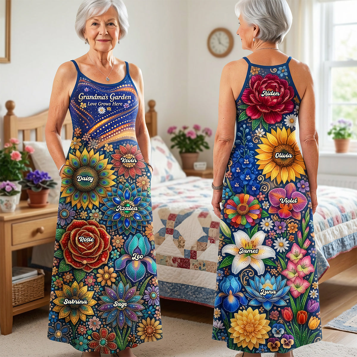 Grandma's Garden - Personalized Suspender Maxi Dress for Grandmas Dress PopCulturePrints
