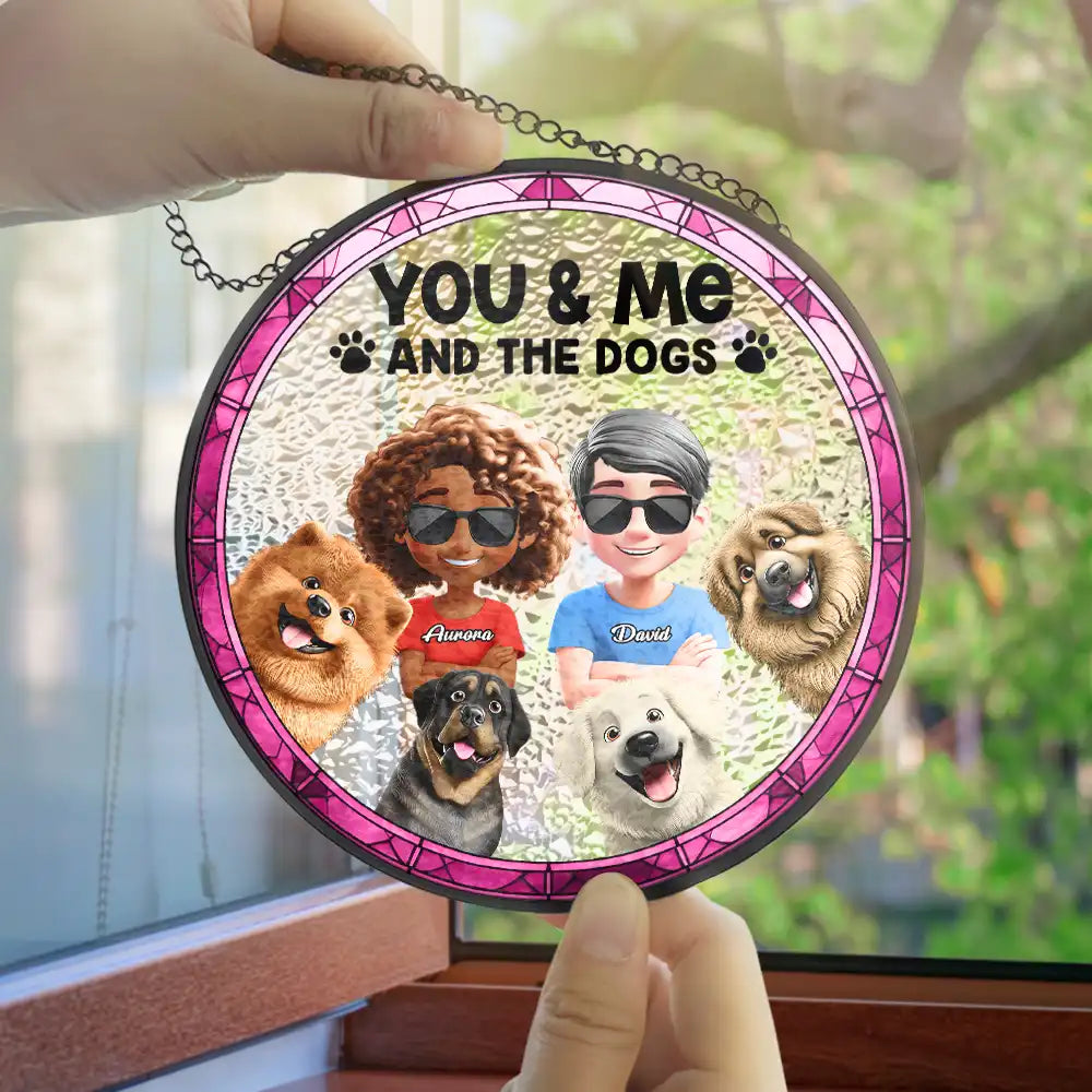 You & Me & The Dogs – A Personalized Stained Glass Window Hanging Suncatcher for Pet Lovers Suncatcher Ornament PopCulturePrints