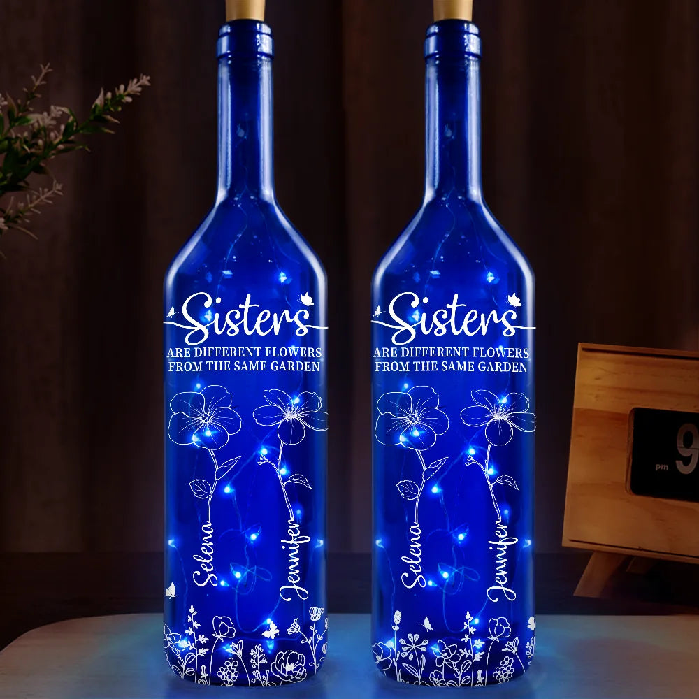 Sisters Are Different Flowers From The Same Garden - Personalized Blue Bottle Light Blue Bottle Light PopCulturePrints