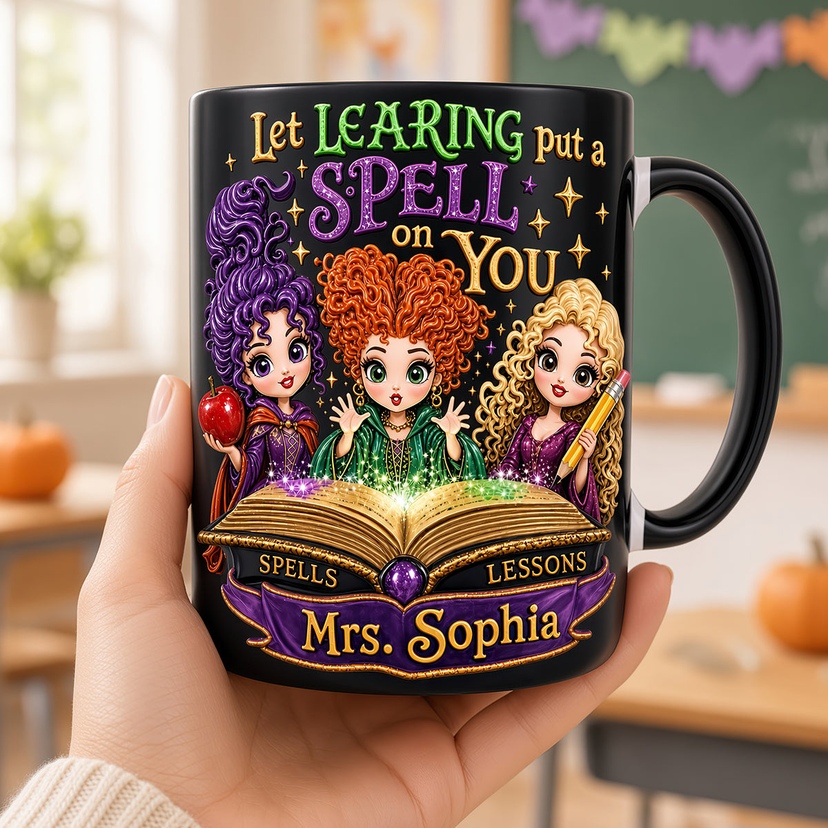 “Let Learning Put a Spell on You” - Spooky Witch Spell Accent Mug - Personalized Gift for Teachers & Halloween Lovers