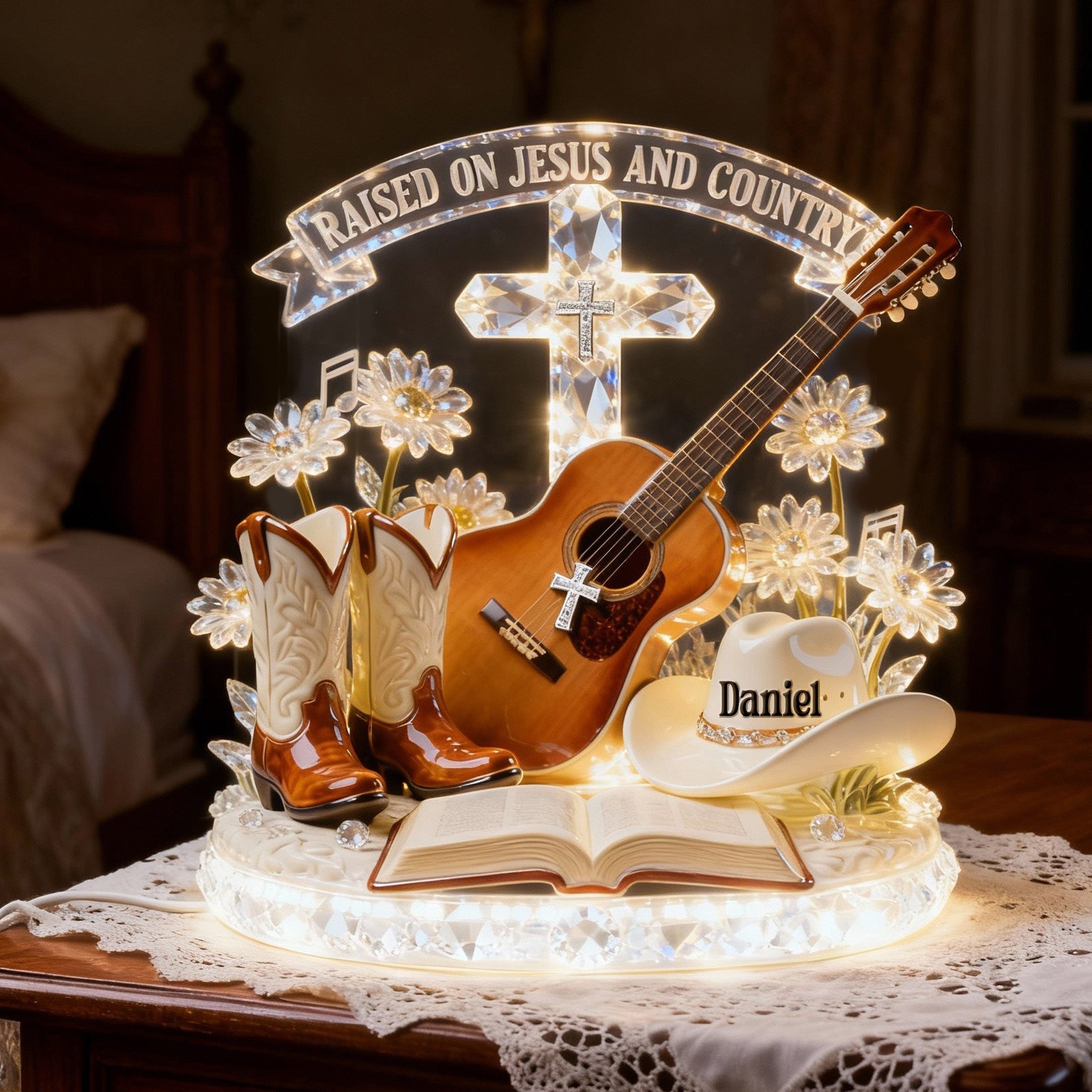 "Raised on Jesus and Country" - Personalized Acrylic Light Box - Gifts for Christian Guitarists, Friends, and Family Light Box PopCulturePrints